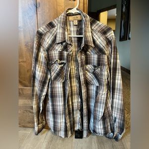 BKE men’s button down long sleeve, size L, black, rust and white